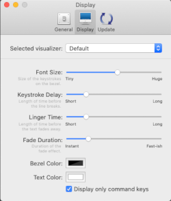 KeyCastr settings: font size about halfway, keystroke delay fairly short, linger time fairly short, fade duration fairly short, bezel color black, text color white